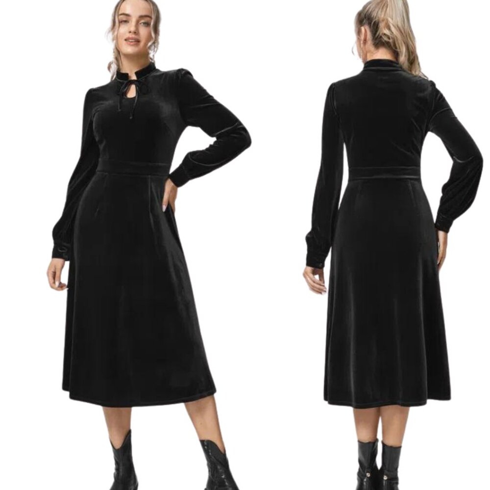 HALARA Black Stretch Velvet Midi Party Dress‎ Size Large (14) NWT